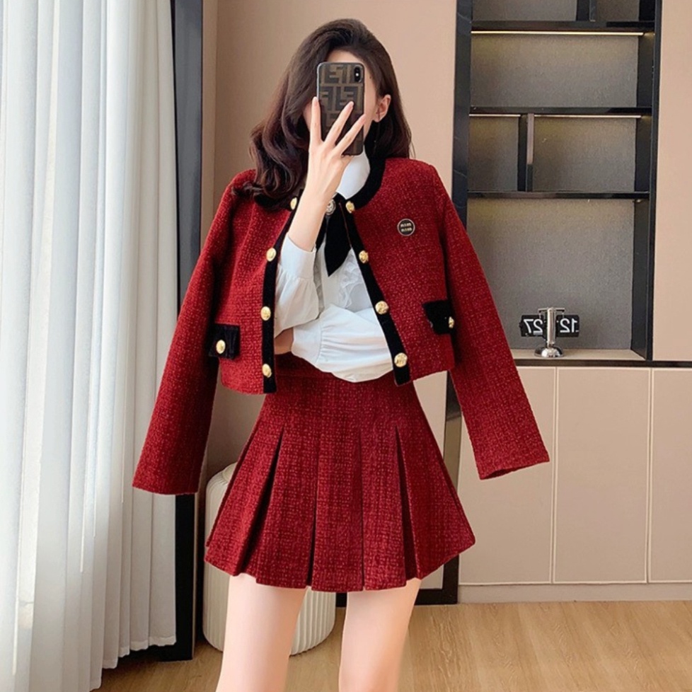 Set Dạ Tweed Viền Đen Kèm Chân Váy Xếp Ly TYLANSTORE Phong Cách Hàn Quốc Siêu Hot - Hàng Thiết Kế Loại 1 MA86 T88