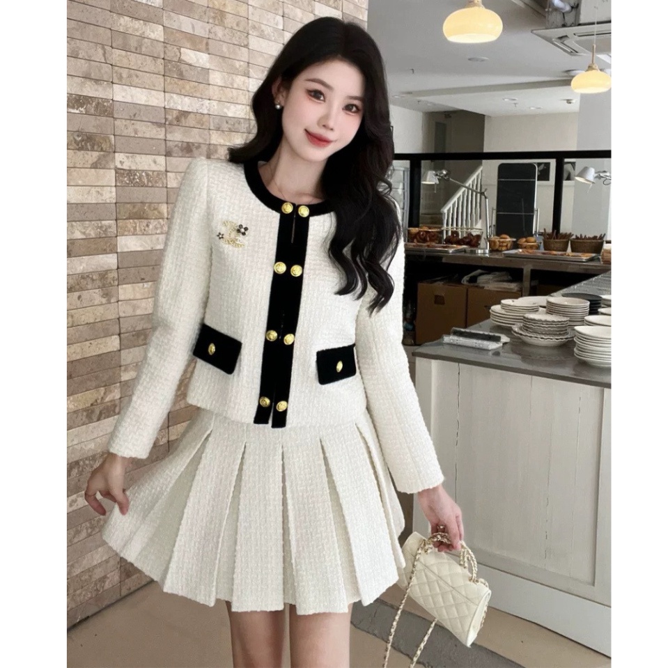 Set Dạ Tweed Viền Đen Kèm Chân Váy Xếp Ly TYLANSTORE Phong Cách Hàn Quốc Siêu Hot - Hàng Thiết Kế Loại 1 MA86 T88