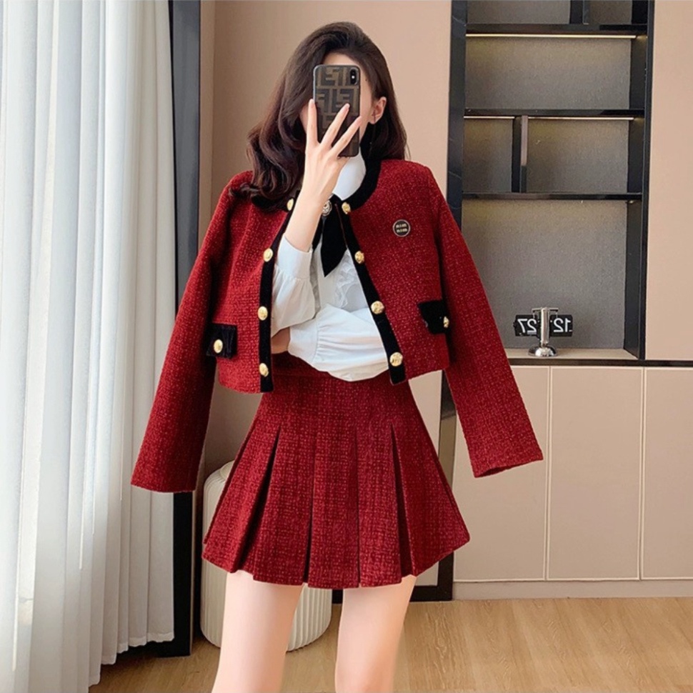 Set Dạ Tweed Viền Đen Kèm Chân Váy Xếp Ly TYLANSTORE Phong Cách Hàn Quốc Siêu Hot - Hàng Thiết Kế Loại 1 MA86 T88