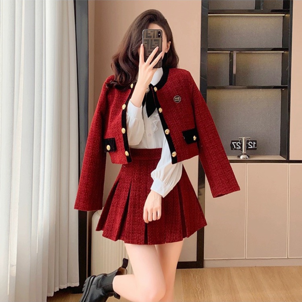 Set Dạ Tweed Viền Đen Kèm Chân Váy Xếp Ly TYLANSTORE Phong Cách Hàn Quốc Siêu Hot - Hàng Thiết Kế Loại 1 MA86 T88