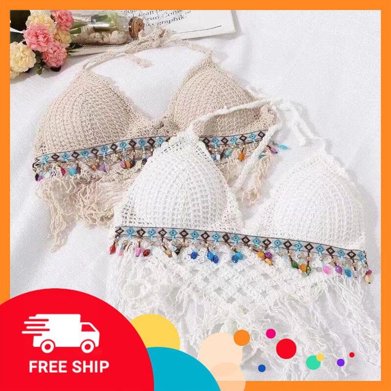 Set Bikini Đi Biển Len Móc Áo Bra Đính Hạt Thổ Cẩm Bộ Bơi Nữ 3 Chi Tiết Có Bán Rời Hottrend Mùa Hè 2023 g