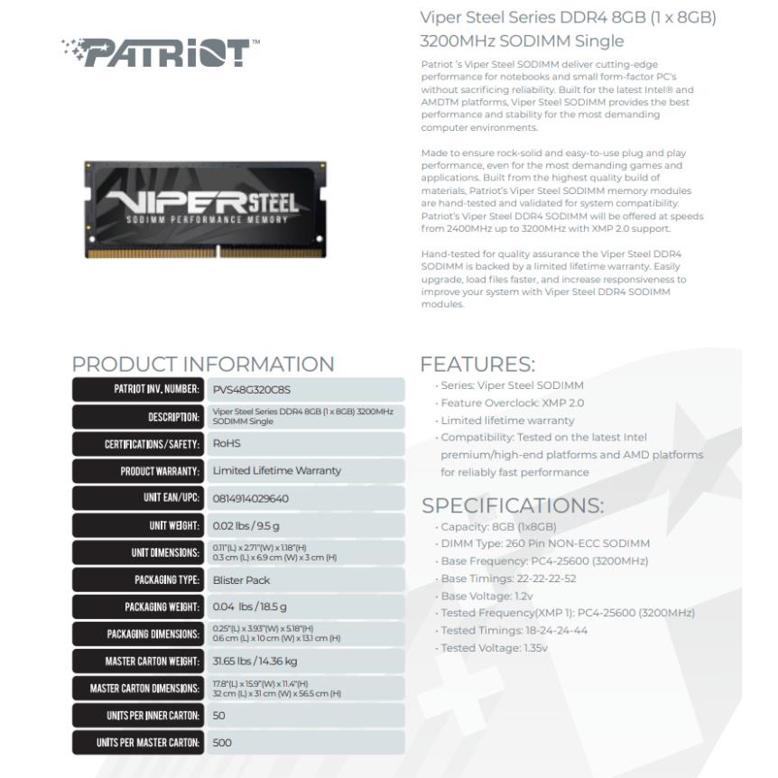 RAM LAPTOP Patriot Viper Steel Series DDR4 8GB  3200MHz CL18 SODIMM Single - PVS48G320C8S