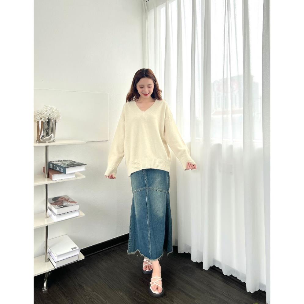 Áo len nữ trơn dáng rộng cổ tim thời trang lông thỏ k ngứa AO38