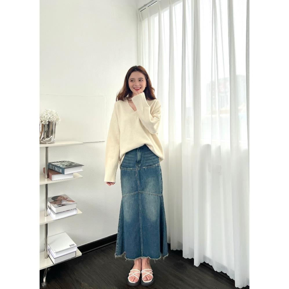 Áo len nữ trơn dáng rộng cổ tim thời trang lông thỏ k ngứa AO38