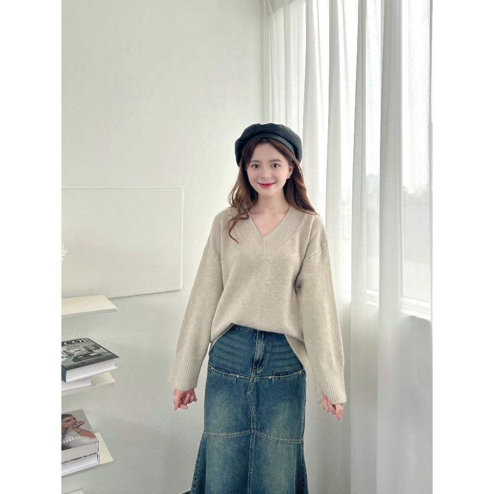 Áo len nữ trơn dáng rộng cổ tim thời trang lông thỏ k ngứa AO38
