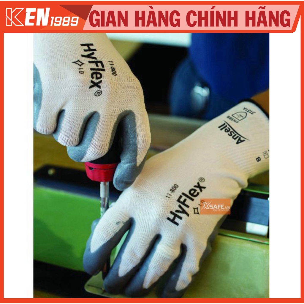 Găng tay bảo hộ đa năng Ansell Hyflex 11-800 dùng cho cơ khí, kĩ thuật, tăng độ bám chống trơn trượt, thao tác linh hoạt