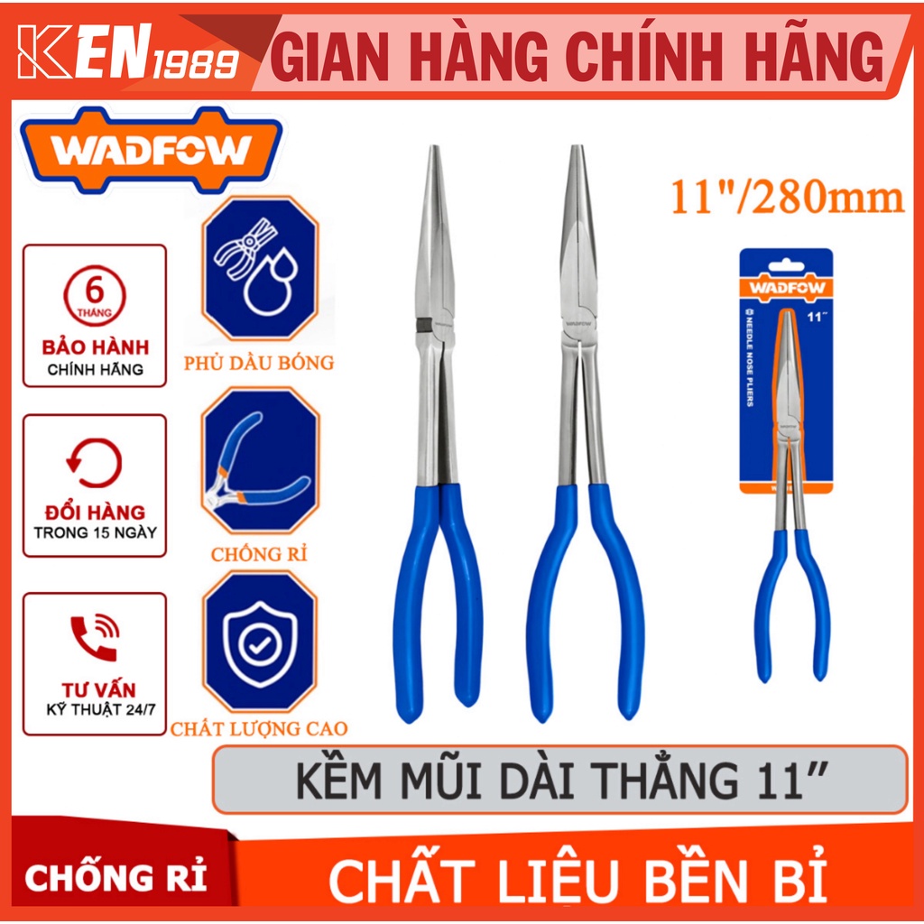 Kềm mũi dài thẳng WADFOW WPL1E11 kích thước 11"/280mm, tay cầm nhựa, đầu kềm phủ dầu bóng chống gỉ - chính hãng @