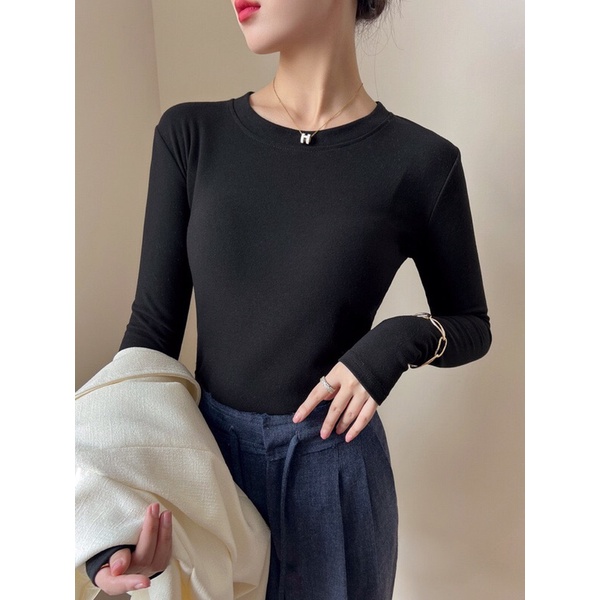 Áo phông nữ dài tay dáng ôm body thun cotton trơn HÀNG DÀY CAO CẤP cổ tròn màu đen trắng nâu xanh Uni