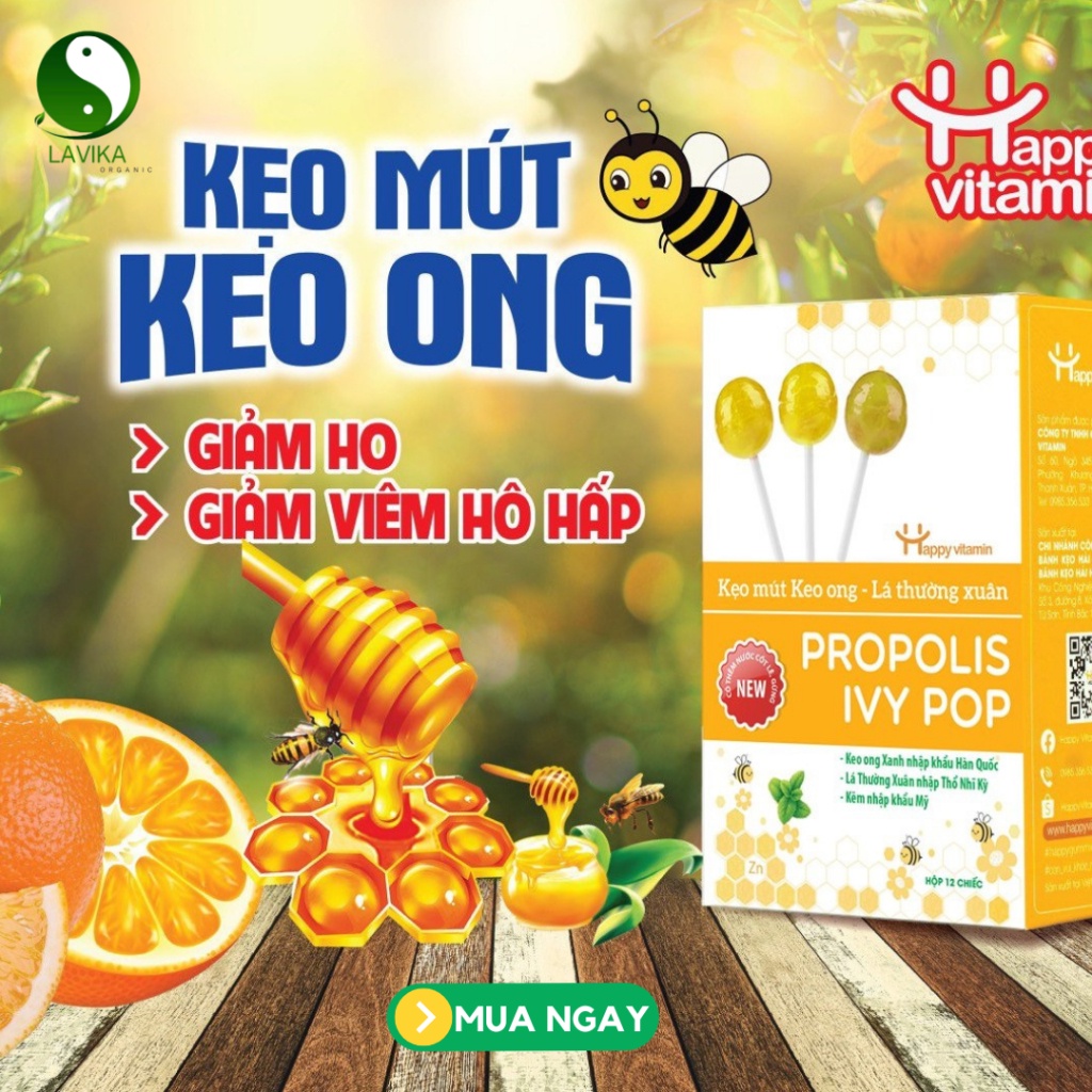 Kẹo mút Keo Ong- Lá Thường Xuân Happy Vitamin hỗ trợ ngăn ngừa ho, viêm họng, khản tiếng