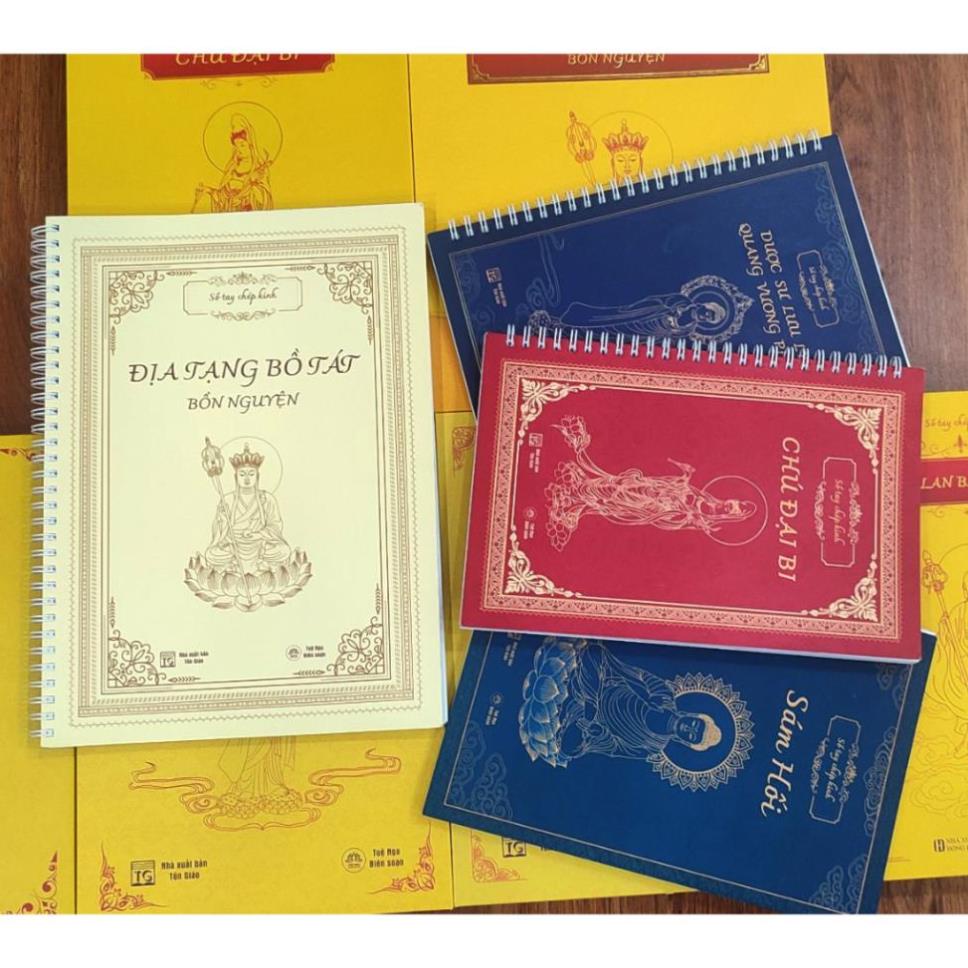 TẶNG 4 VIẾT - Combo 4 Vở chép KHỔ A5 LÒ XO  chữ mờ SÁM HỐI, CHÚ ĐẠI BI, ĐỊA TẠNG, DƯỢC SƯ