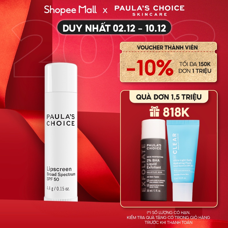 [Mã COSPAU1A giảm 8% đơn 400K] Dưỡng môi mềm mịn chống nắng Paula's Choice LipScreen Broad Spectrum SPF 50 4.4g 2560