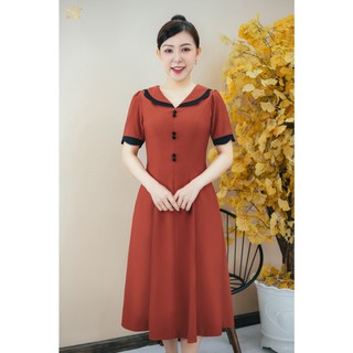 Đầm xòe 8 mảnh TTV1497 Cổ tim kết nút viền sóng nước tay ngắn màu Cam gạch