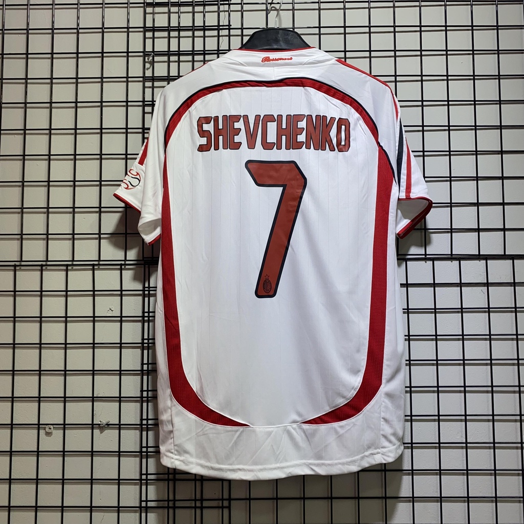 Áo bóng đá retro AC Milan 2006 trắng in Shevchenko-7 vải Cotton Polyester nguyên tem