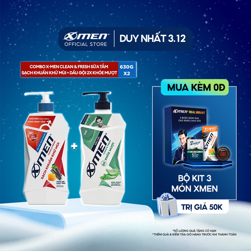 Combo Sữa tắm X-Men Clean & Fresh Sạch Khuẩn Khử Mùi 630g + Dầu gội X-Men Clean & Fresh 2X Khỏe Mượt 630g