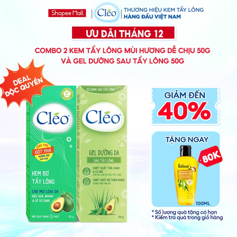 Kem Bơ Tẩy Lông Cléo 50g Hương Thơm Dễ Chịu cho Mọi Loại Da kể cả Da Nhạy Cảm và Gel Dưỡng Da Sau Tẩy Lông Cleo 50g