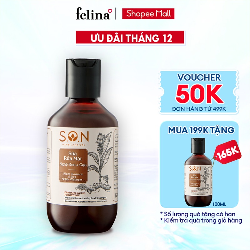 Sữa rửa mặt nghệ đen & gạo S.O.N dành cho da khô 100ml