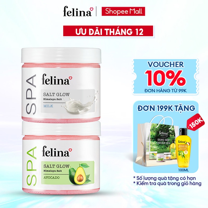 Combo 2 hộp Muối tắm tẩy tế bào chết body Felina Home Spa 500g/ hộp từ muối hồng Himalaya tinh khiết 100% thiên nhiên