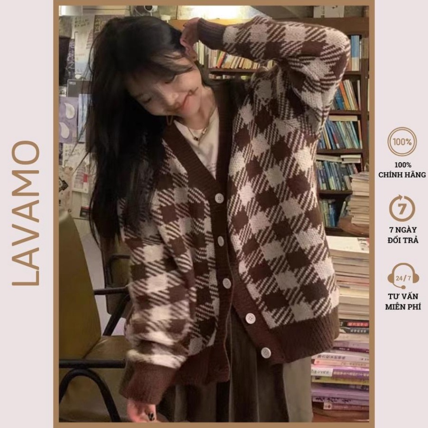 Áo khoác cardigan len caro nữ nâu bigsize form rộng nỉ bông kiểu hàn quốc LAVAMO KD013 - Hàng mới về