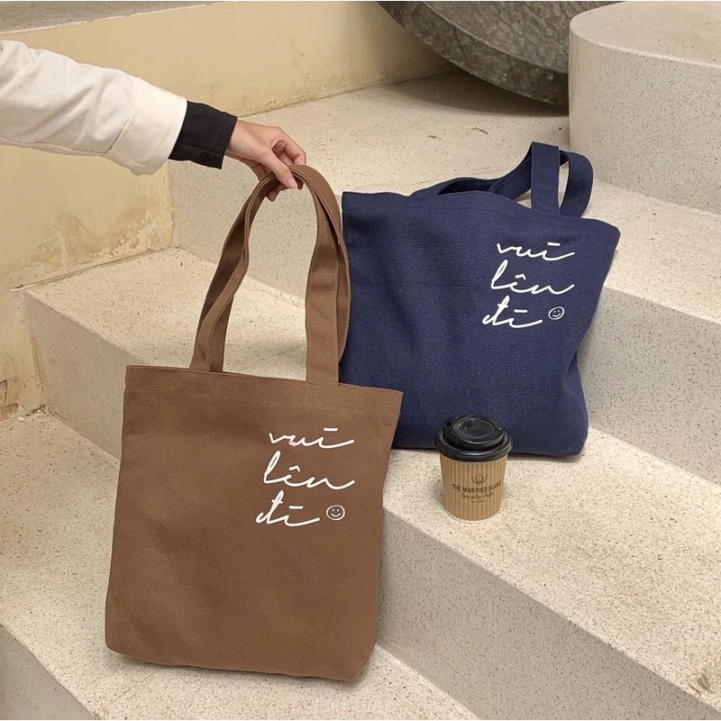 Túi tote đeo vai xanh navy cute - Vui Lên Đi