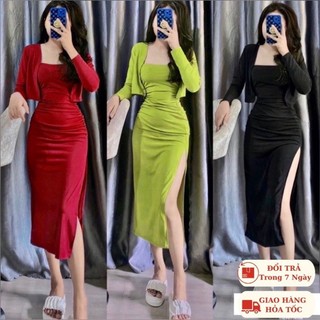 Đầm Body Cúp Ngực Dáng Dài Kèm Áo Khoác Thun Gân MK0078  LUUANH (Hỏa tốc)
