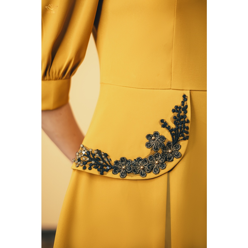 Đầm xòe thời trang TTV1475 thiết kế Cổ tròn tay lỡ màu  Vàng nghệ trẻ trung