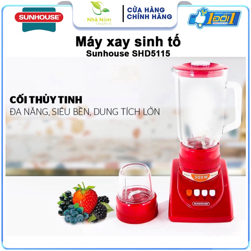 Máy xay sinh tố Sunhouse SHD5115 2 cối màu đỏ, xay đá nhỏ, rau củ quả, Hàng Chính Hãng Bảo Hành 24 T