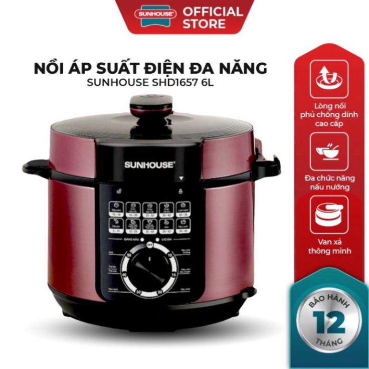 Nồi áp suất điện đa năng Sunhouse SHD1657 | Dung tích 6L | Công suất 1000W | Lòng nồi chống dính cao cấp