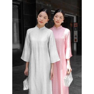 Áo dài dáng xuông cổ trụ chất lụa gấm trơn 2 màu trắng hồng Áo Dài Việt
