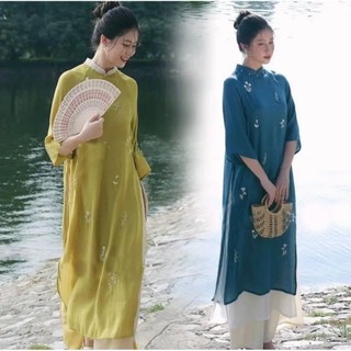 Áo dài dáng xuông thêu hoa cúc chi Áo Dài Việt