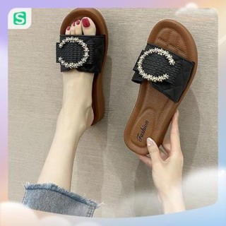 Dép nữ quai ngang đế bằng đính đá chữ c sang chảnh