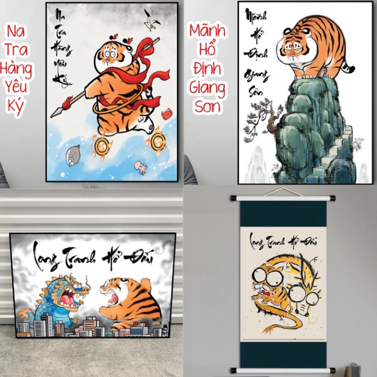 Tranh vô tri sưu tầm decor mãi dell thành công long tranh hổ đấu hottrend dán tường hài hước 1k
