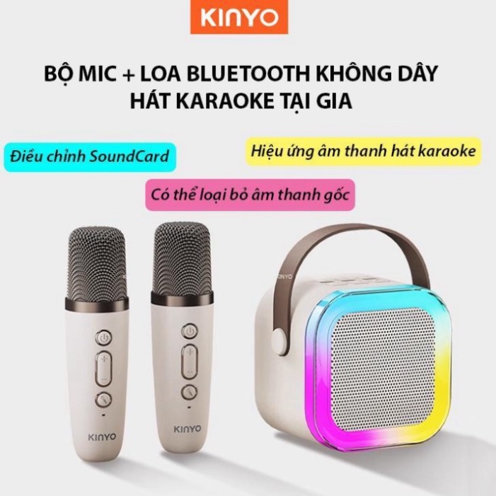 Loa bluetooth karaoke Kinyo K12 kèm 2 mic nhỏ gọn dễ thương,loa karaoke không dây âm thanh bass hay cùng đèn led có BH