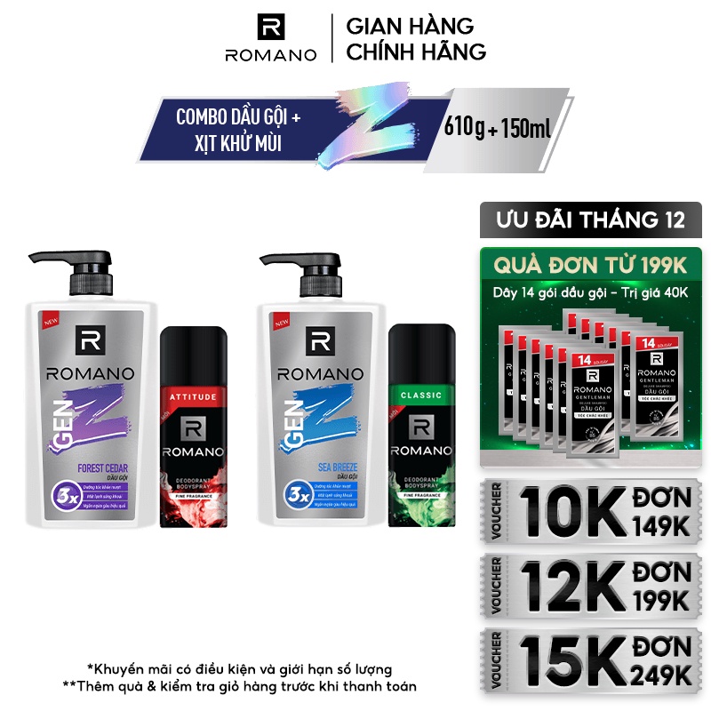 Combo Dầu gội Romano Gen Z Hương Sea Breeze/ Forest Cedar 610g/ chai + Xịt khử mùi 150ml/ chai