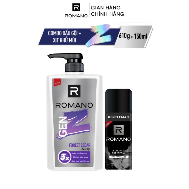 Combo Dầu gội Romano Gen Z Hương Sea Breeze/ Forest Cedar 610g/ chai + Xịt khử mùi 150ml/ chai