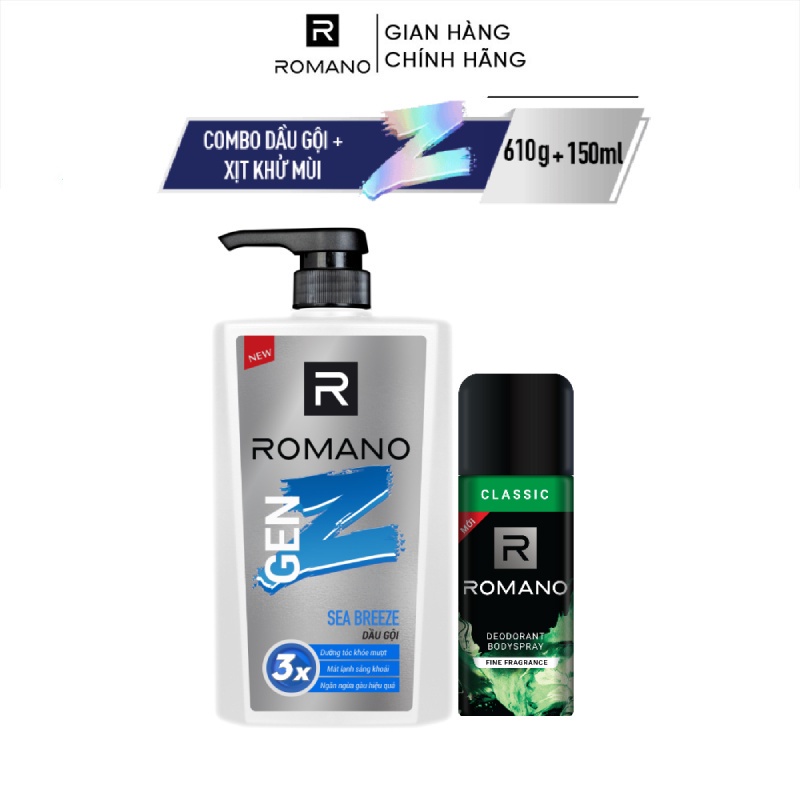 Combo Dầu gội Romano Gen Z Hương Sea Breeze/ Forest Cedar 610g/ chai + Xịt khử mùi 150ml/ chai