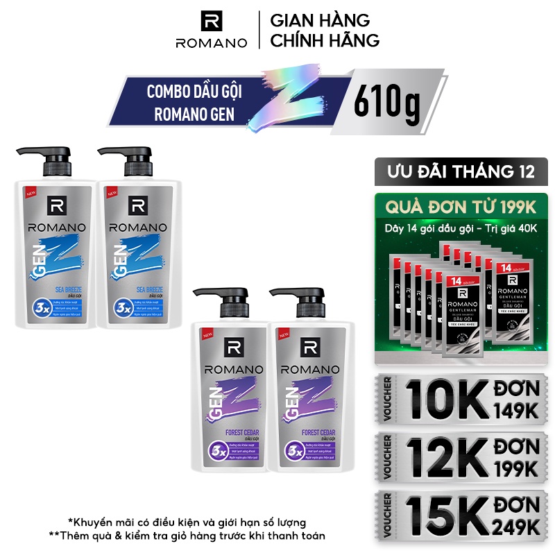 Combo 2 dầu gội Romano Gen Z Hương Sea Breeze/ Forest Cedar 610g/ chai - 2 mùi hương có sẵn