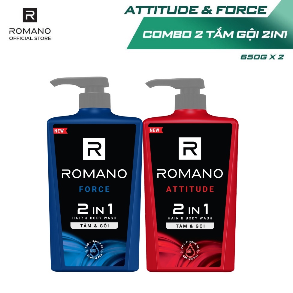 Combo 2 Tắm gội 2 trong 1 Romano Attitude & Force 650g/chai