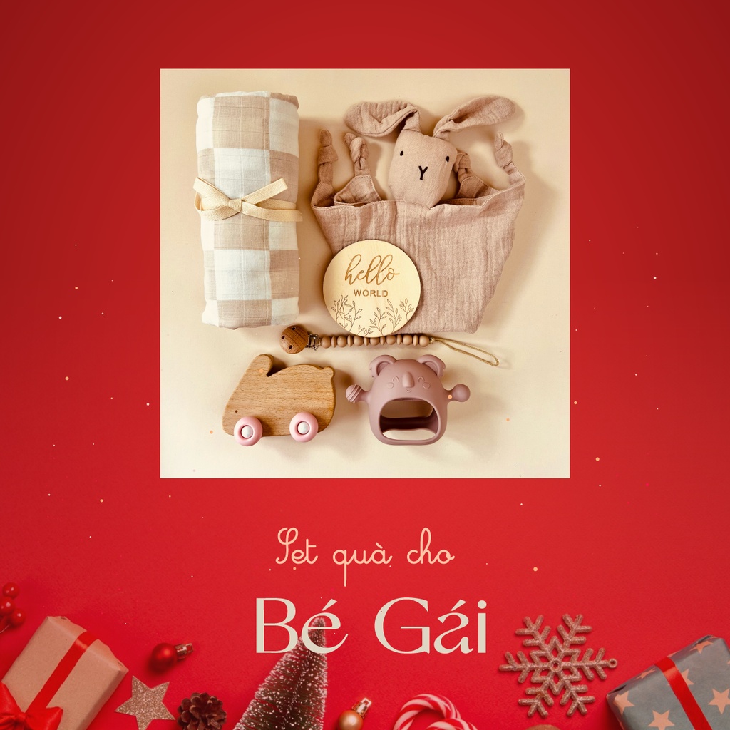 Hộp quà Giáng Sinh, Quà Noel, Sinh Nhật, Quà Đầy Tháng, Thôi Nôi cho Bé Gồm Chăn, Khăn sợi tre, Gặm nướu và Yếm