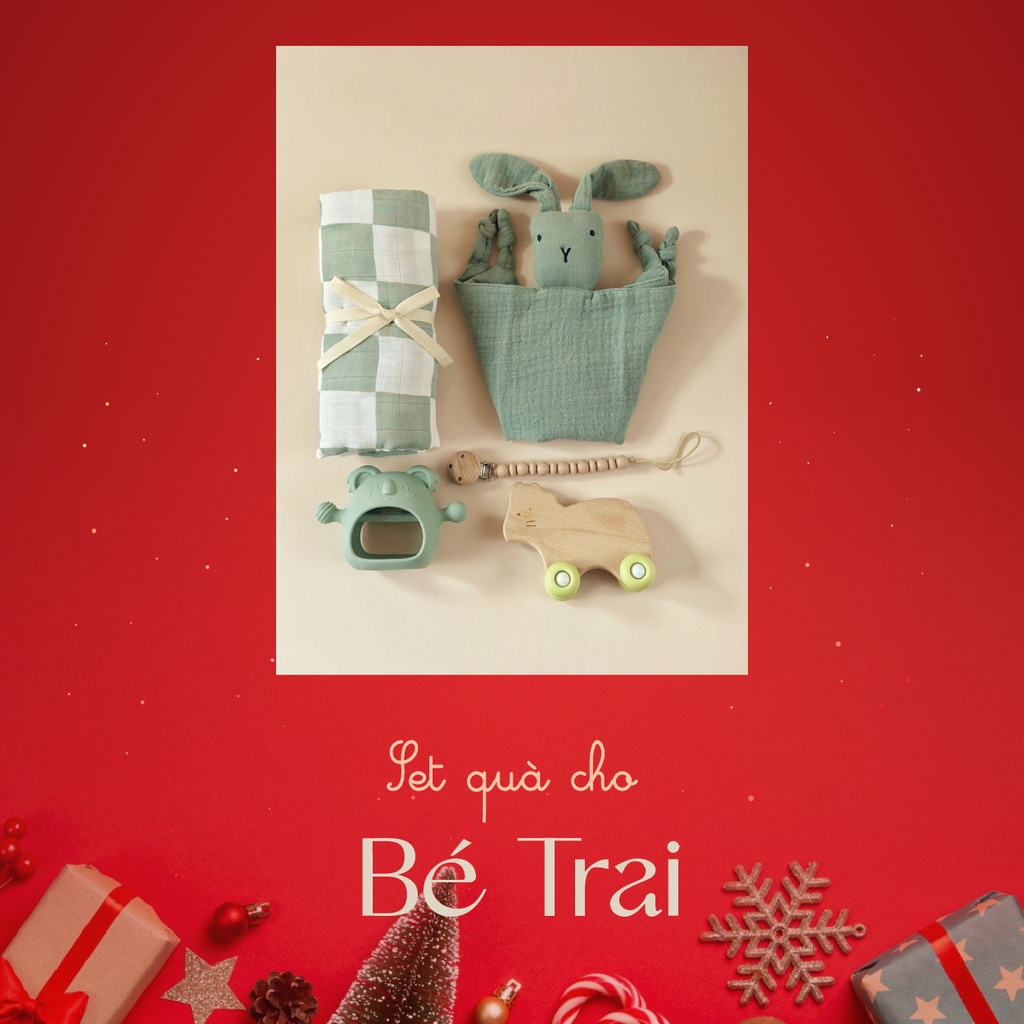 Hộp quà Giáng Sinh, Quà Noel, Sinh Nhật, Quà Đầy Tháng, Thôi Nôi cho Bé Gồm Chăn, Khăn sợi tre, Gặm nướu và Yếm