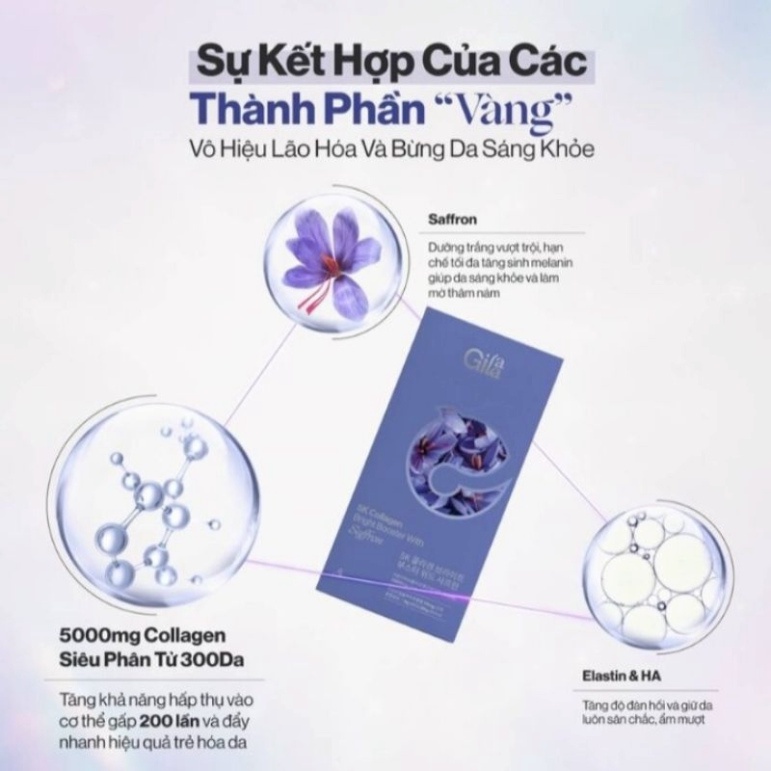 Nước uống Collagen Gilaa Siêu phân tử 300DA Kết hợp Saffron Giúp Trẻ Hóa Trắng Da - Hộp 15 gói x 20g