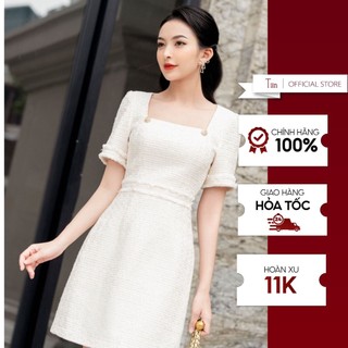 Váy cổ vuông đai eo rút rua  TIINSTORE  VDN683