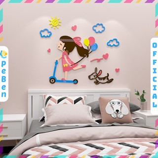  Tranh mica EPeBen dán tường nổi 3d hình Cô Bé Gái Lướt Scooter bóng bay nữ tính decor trang trí Phòng Cho Bé Phòng Ngủ 