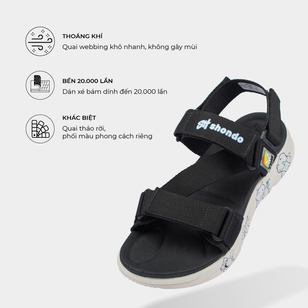 Giày Sandals Nam Nữ SHONDO Thỏ 7 Màu Êm, Thời Trang Thích Hợp Đi Học, Đi Chơi Đen Trắng F8M0010