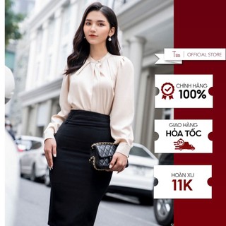 Áo sơ mi nữ cổ trụ vạt lệch xếp ly tay măng sec TIINSTORE AD417