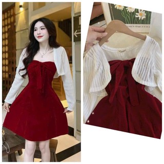 Đầm thời trang nữ mặc đi chơi Tết chất nhung cúp ngực cột nơ váy xòe midi kèm áo khoác len ren ty dài siêu xinh