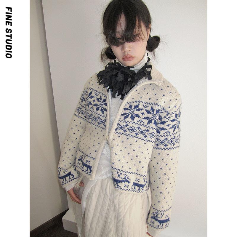 Áo Khoác cardigan Cổ Đứng Phối Khóa Kéo Phong Cách vintage Nhật Bản Cho Nữ