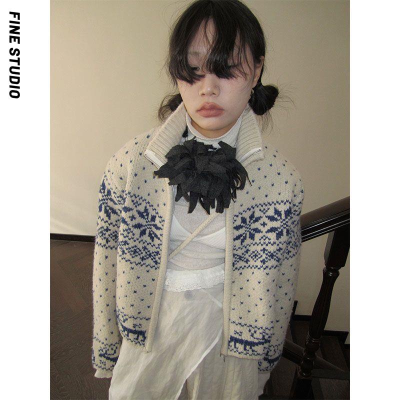 Áo Khoác cardigan Cổ Đứng Phối Khóa Kéo Phong Cách vintage Nhật Bản Cho Nữ