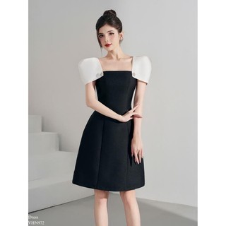 Váy cổ vuông phối tay liền khuy đá đen phối trắng TIINSTORE VHN972
