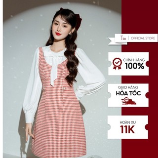 Váy dạ cổ sen đính nơ đai eo tiinstore vdd704