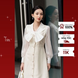 Váy dạ cổ ve kẹp nơ tay măng sec  TIINSTORE  VDD708